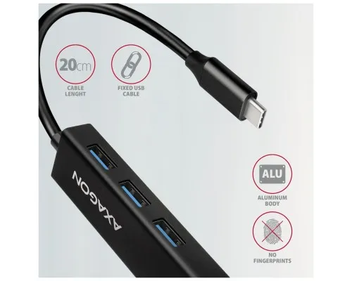 Концентратор AXAGON USB-C to 3xUSB-A + RJ45 0.2m metal black (HMC-GL3A)