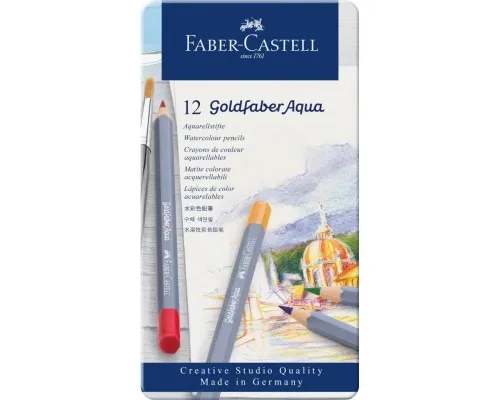 Олівці кольорові Faber-Castell GoldFaber акварельні, металевий пенал 12 кольорів (114612) (27637)
