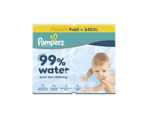 Дитячі вологі серветки Pampers 99 Water 60 шт х 9 пачок (540 шт) (8006530116459)