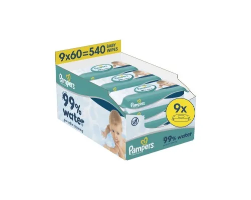 Дитячі вологі серветки Pampers 99 Water 60 шт х 9 пачок (540 шт) (8006530116459)