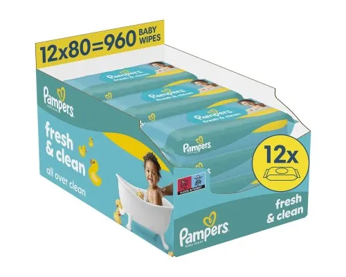 Дитячі вологі серветки Pampers Fresh Clean 80 шт х 12 пачок (960 шт) (8006530134552)