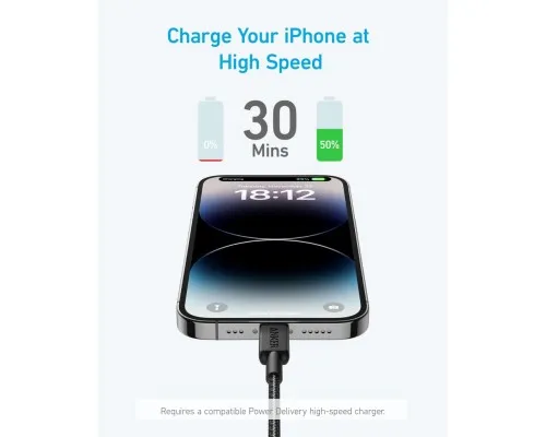 Дата кабель USB-C to Lightning 1.8m nylon 322 black Anker (A81B6G11)