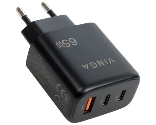 Зарядний пристрій Vinga GaN 65W PD+QC 2C1A ports Wall Charger (VCPCHCCA65B)