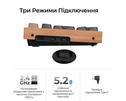 Клавіатура Keychron K2HE Gateron Double-Rail Magnetic Nebula Hot-swap QMK Wireless/Bluetooth/USB-А UA Wood/Black (K2H-F1-UA)