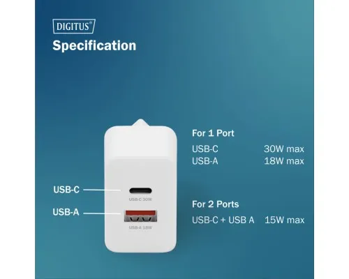 Зарядний пристрій Digitus 1xUSB-C + 1xUSB 30W GaN (DA-10301)