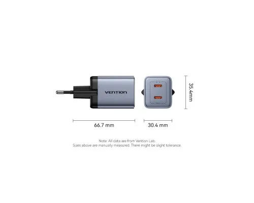 Зарядний пристрій Vention 2xUSB-C PD45W GaN transparent gray (FCFH0-EU)