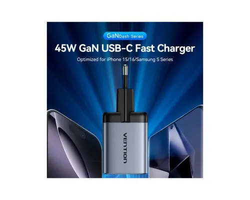 Зарядний пристрій Vention 2xUSB-C PD45W GaN transparent gray (FCFH0-EU)