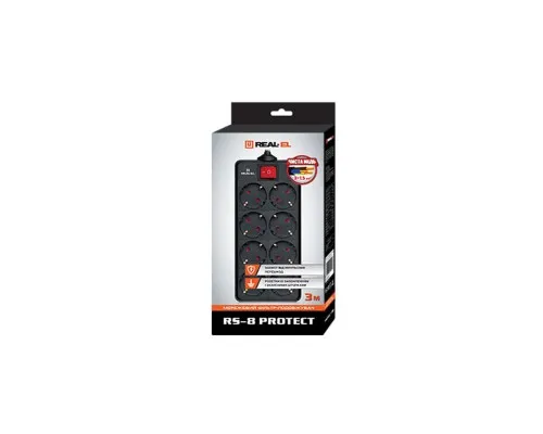 Мережевий фільтр живлення REAL-EL REAL-EL RS-8 PROTECT, 1.8m, black (EL122300021)