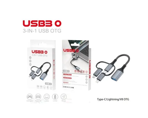 Перехідник OTG USB 3.0 AF to USB-C + Micro 5P + Lightning 0.11m 60W XoKo (XK-AC-155)