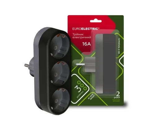 Мережевий розгалужувач EUROELECTRIC X3 16А Black з заземленням (EE-3-16A(black))