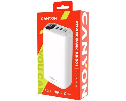 Батарея універсальна Canyon PB-301 30000mAh PD/20W, QC/3.0 (CNE-CPB301W)