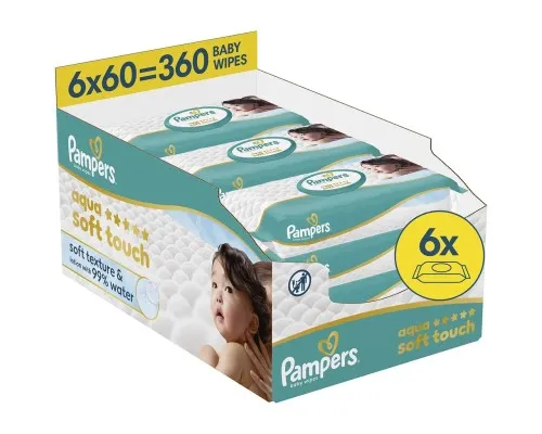Дитячі вологі серветки Pampers Aqua Soft Touch 6x60 шт (360 шт) (8006530140133)