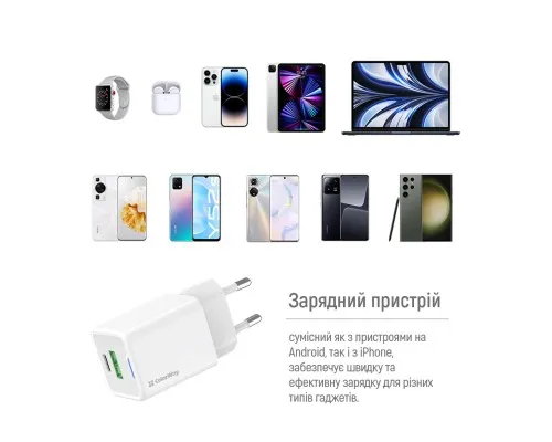 Зарядний пристрій ColorWay GaN Mini 30W PD Port PPS USB (Type-C PD + USB QC4.0) cable Type-C (CW-CHS053PDC-WT)