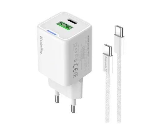Зарядний пристрій ColorWay GaN Mini 30W PD Port PPS USB (Type-C PD + USB QC4.0) cable Type-C (CW-CHS053PDC-WT)