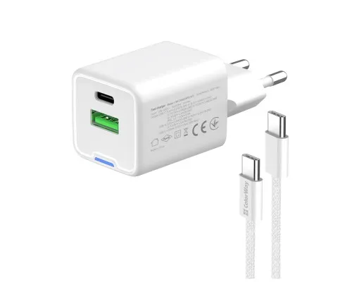 Зарядний пристрій ColorWay GaN Mini 30W PD Port PPS USB (Type-C PD + USB QC4.0) cable Type-C (CW-CHS053PDC-WT)