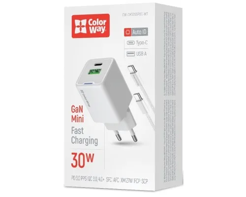 Зарядний пристрій ColorWay GaN Mini 30W PD Port PPS USB (Type-C PD + USB QC4.0) cable Type-C (CW-CHS053PDC-WT)