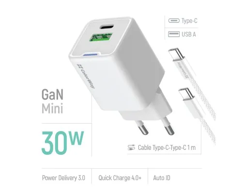 Зарядний пристрій ColorWay GaN Mini 30W PD Port PPS USB (Type-C PD + USB QC4.0) cable Type-C (CW-CHS053PDC-WT)