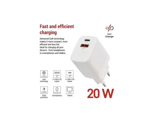 Зарядний пристрій EMOS V02G20 1xUSB-A + 1xUSB-C PD20W GaN (V02G20)