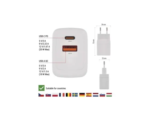 Зарядний пристрій EMOS V02G20 1xUSB-A + 1xUSB-C PD20W GaN (V02G20)