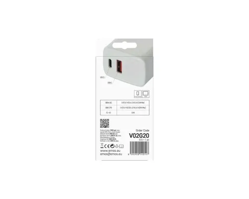 Зарядний пристрій EMOS V02G20 1xUSB-A + 1xUSB-C PD20W GaN (V02G20)