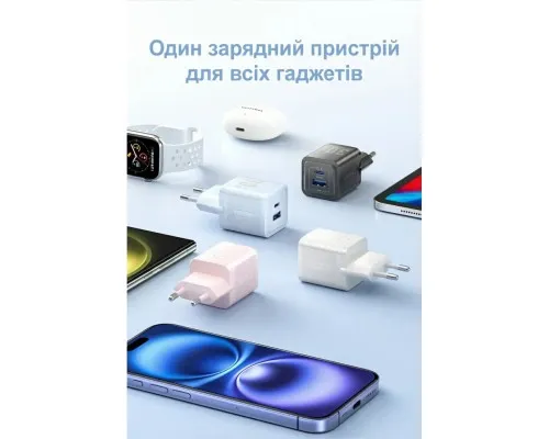 Зарядний пристрій Vention 1xUSB-C PD30W + 1xUSB QC3.0 30W GaN white (FEQW0-EU)