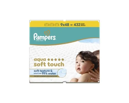 Дитячі вологі серветки Pampers Aqua Soft Touch 9x48 шт (432 шт) (8006530140010)