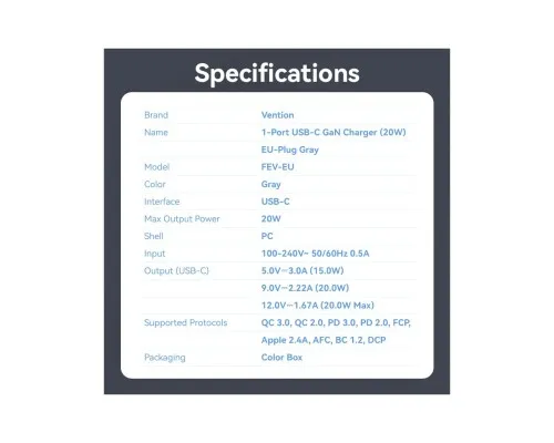 Зарядний пристрій Vention USB-C PD20W GaN gray (FEVH0-EU)
