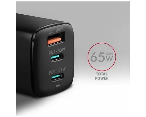 Зарядний пристрій AXAGON 1xUSB + 2xUSB-C 65W QC4+ PD3.0 PPS black (ACU-DPQ65)