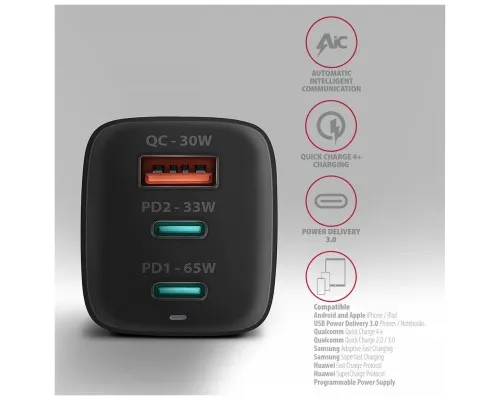 Зарядний пристрій AXAGON 1xUSB + 2xUSB-C 65W QC4+ PD3.0 PPS black (ACU-DPQ65)