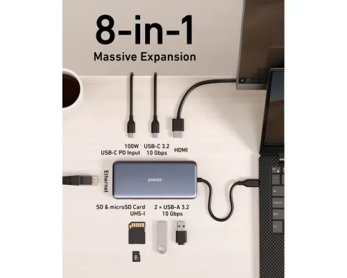 Концентратор USB-C 8-in-1 1xUSB-C PD100W + 1xHDMI + 2xUSB-A + 1xUSB-C 10Gbps + 1xRJ45 + SD black Anker (A83830A2)