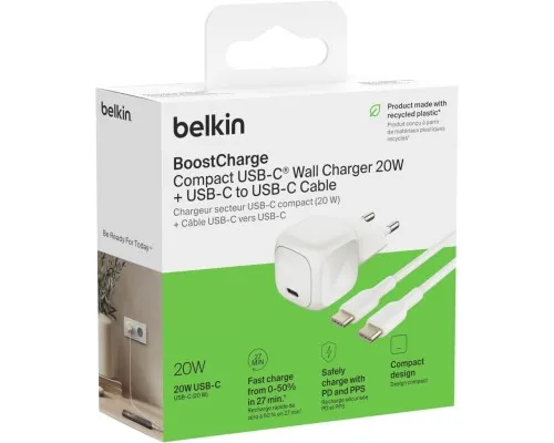 Зарядний пристрій Belkin USB-C PD20W PPS PD3.1 + cable USB-C to USB-C 1.0m (WCA009KQ1MWH-B6)