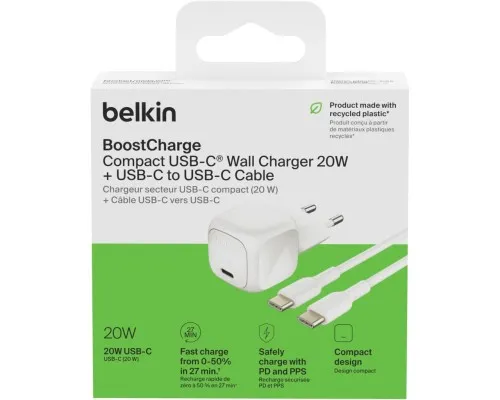 Зарядний пристрій Belkin USB-C PD20W PPS PD3.1 + cable USB-C to USB-C 1.0m (WCA009KQ1MWH-B6)