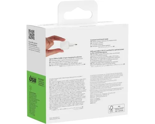 Зарядний пристрій Belkin USB-C PD20W PPS PD3.1 + cable USB-C to USB-C 1.0m (WCA009KQ1MWH-B6)