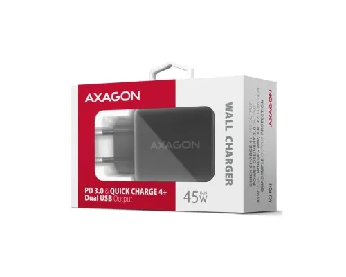 Зарядний пристрій AXAGON 1xUSB QC4.0 + 1xUSB-C PD45W PPS black (ACU-PQ45)