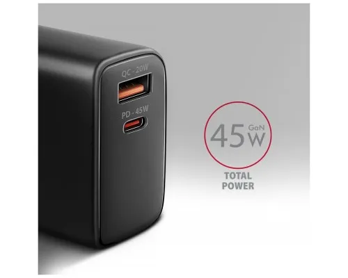 Зарядний пристрій AXAGON 1xUSB QC4.0 + 1xUSB-C PD45W PPS black (ACU-PQ45)