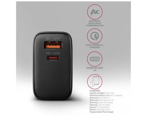 Зарядний пристрій AXAGON 1xUSB QC4.0 + 1xUSB-C PD45W PPS black (ACU-PQ45)