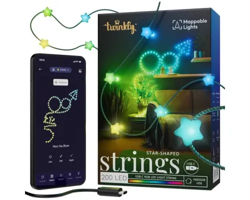 Гірлянда Twinkly Smart LED Strings USB 200 Star-shaped RGB LEDs, Green Wire, USB-C 12м (TWKS200RGB-G)