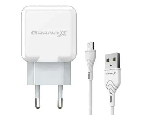 Зарядное устройство Grand-X USB 5V 2,1A White + cable USB -> micro USB, Cu (CH-03UMW)