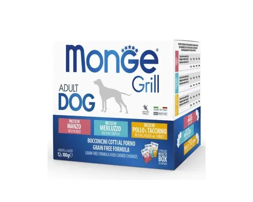 Влажный корм для собак Monge Dog Grill Mix Chicken and Turkey, Beef, Cod Fish 12*100 г (8009470017510)
