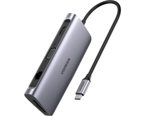 Концентратор Ugreen USB3.0 Type-C to USB 3.0x3/HDMI/VGA/RJ45/SDTF/PD CM179 gray (40873)