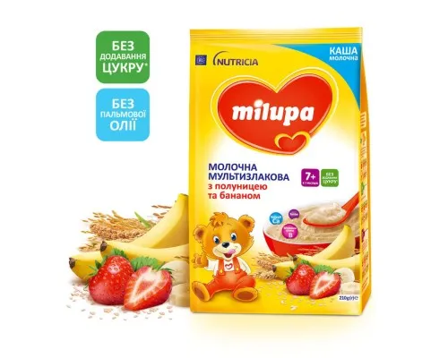 Дитяча каша Milupa Молочна мультизлакова з полуницею та бананом від 7 міс 210 г (5900852058615)