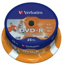 Диск DVD Verbatim 4.7Gb 16X CakeBox 25шт Printable (43538)