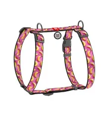 Шлей для собак WAUDOG Nylon с QR-паспортом анатомическая H-образная "Бананы на розовом" пластиковый фастекс S (320-4055)