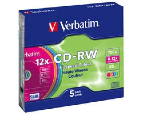Диск CD Verbatim CD-RW 700Mb 12X SlimBox 5шт Color (43167)