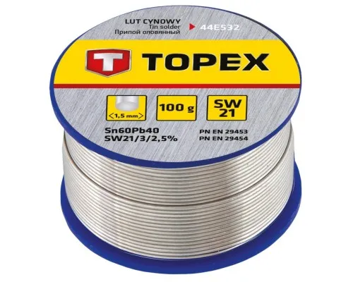 Припій для пайки Topex оловяний 60%Sn, дрiт 1.5 мм,100 г (44E532)