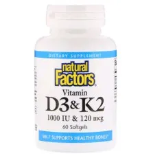 Витамин Natural Factors Витамин D3 и К2, Vitamin D3 & K2, 60 Гелевых Капсул (NFS-01292)