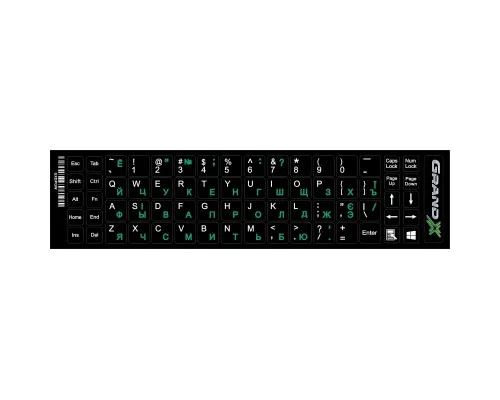 Наклейка на клавиатуру Grand-X 68 keys Cyrillic green, Latin white (GXDPGW)