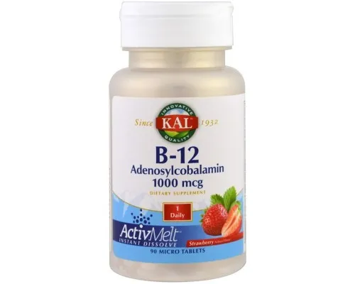 Витамин KAL Витамин B-12, B-12 Adenosylcobalamin, вкус клубники, 1000 м (CAL-98882)