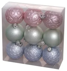 Елочная игрушка Chomik шарики с узором 9 шт, 6 см, зеленый, розовый, голубой (5900779840638)