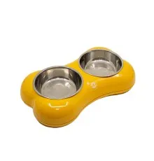 Посуд для собак KIKA Миска BONE SHAPE подвійна M жовта (SDML991082AMG)